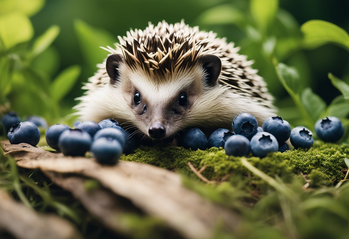 A hedgehog munches on a pile of fresh blueberries in a lush green garden