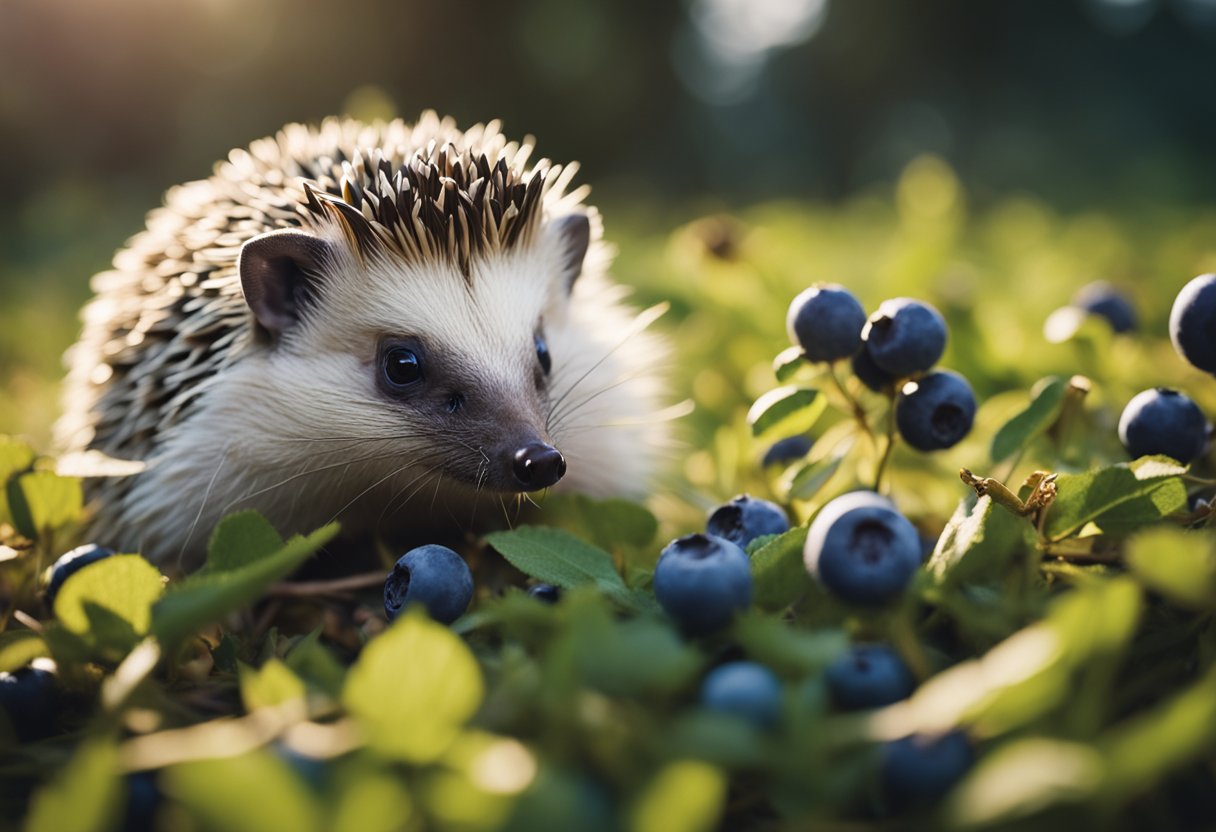 A hedgehog snacking on a pile of fresh blueberries, with a contented expression on its face