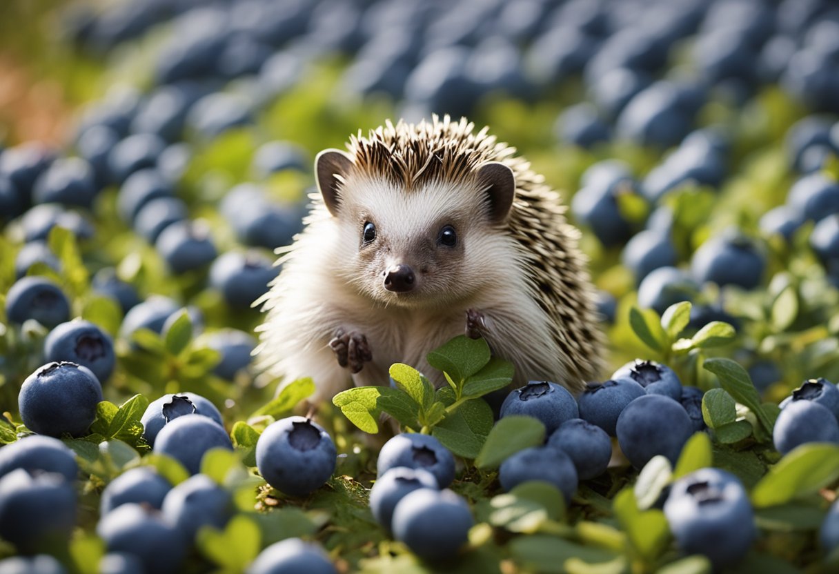 A hedgehog surrounded by blueberries, with a sign displaying "Feeding Guidelines and Precautions" in the background