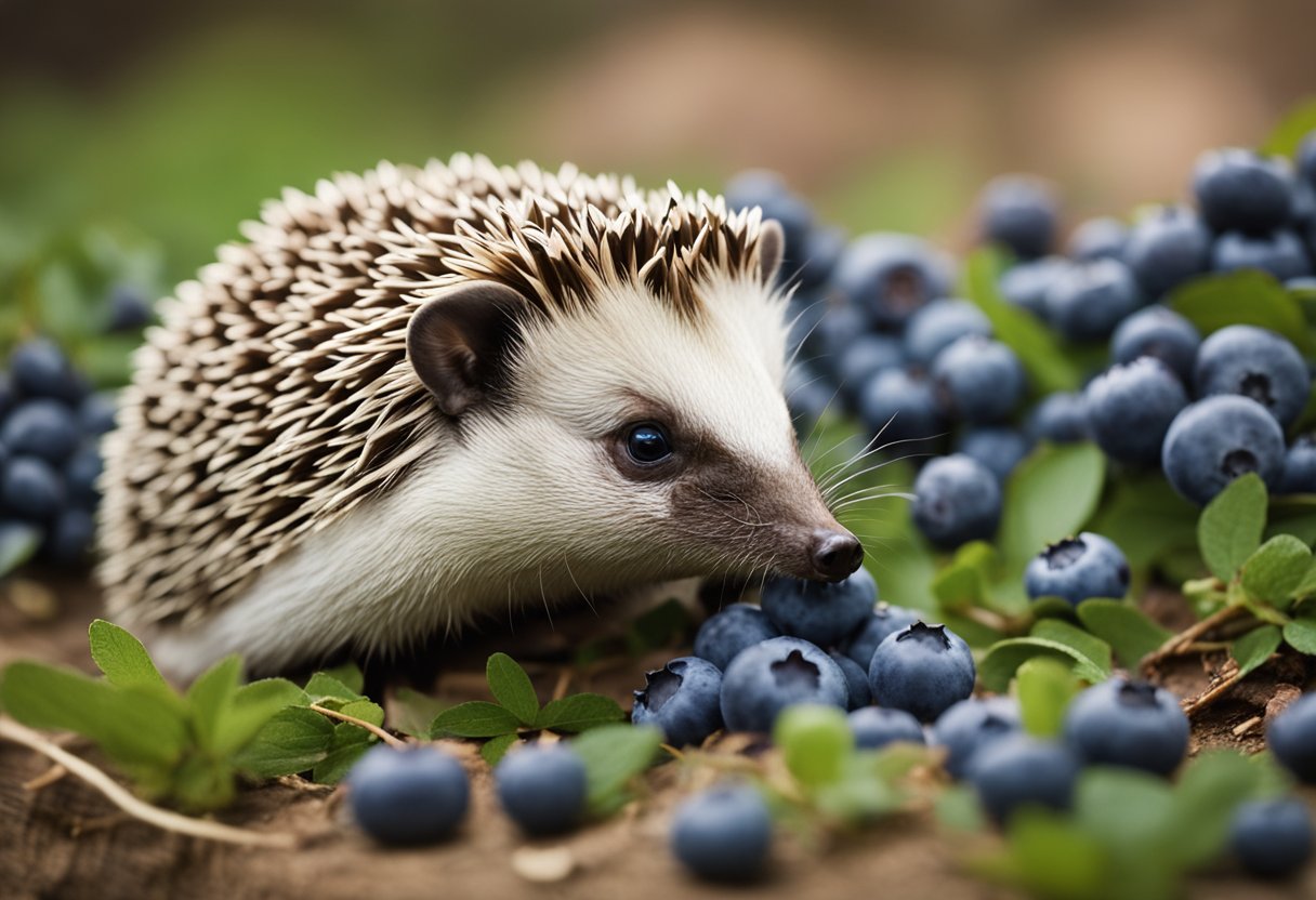 A hedgehog surrounded by a pile of blueberries, sniffing and nibbling on them with curiosity and enjoyment
