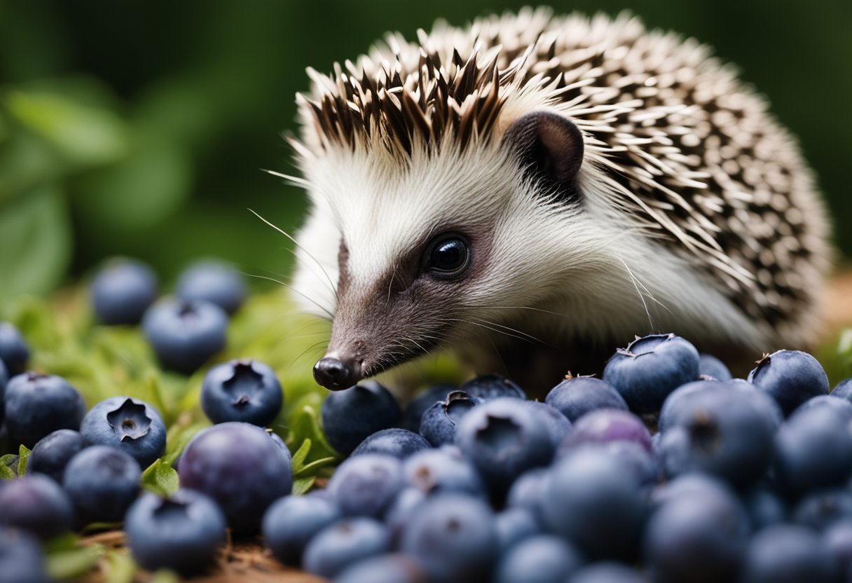 A hedgehog munches on a pile of fresh blueberries, its tiny mouth stained purple from the juicy fruit
