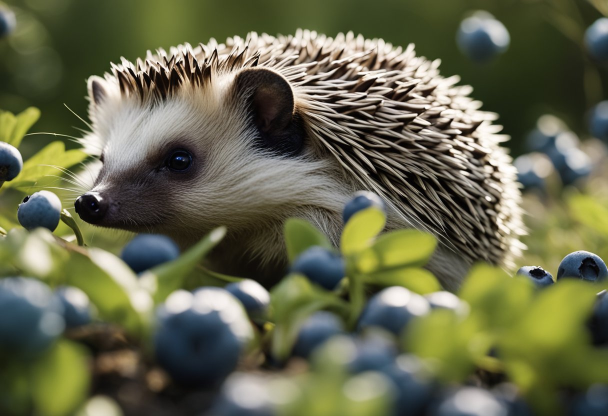A hedgehog surrounded by blueberries, looking curiously at them