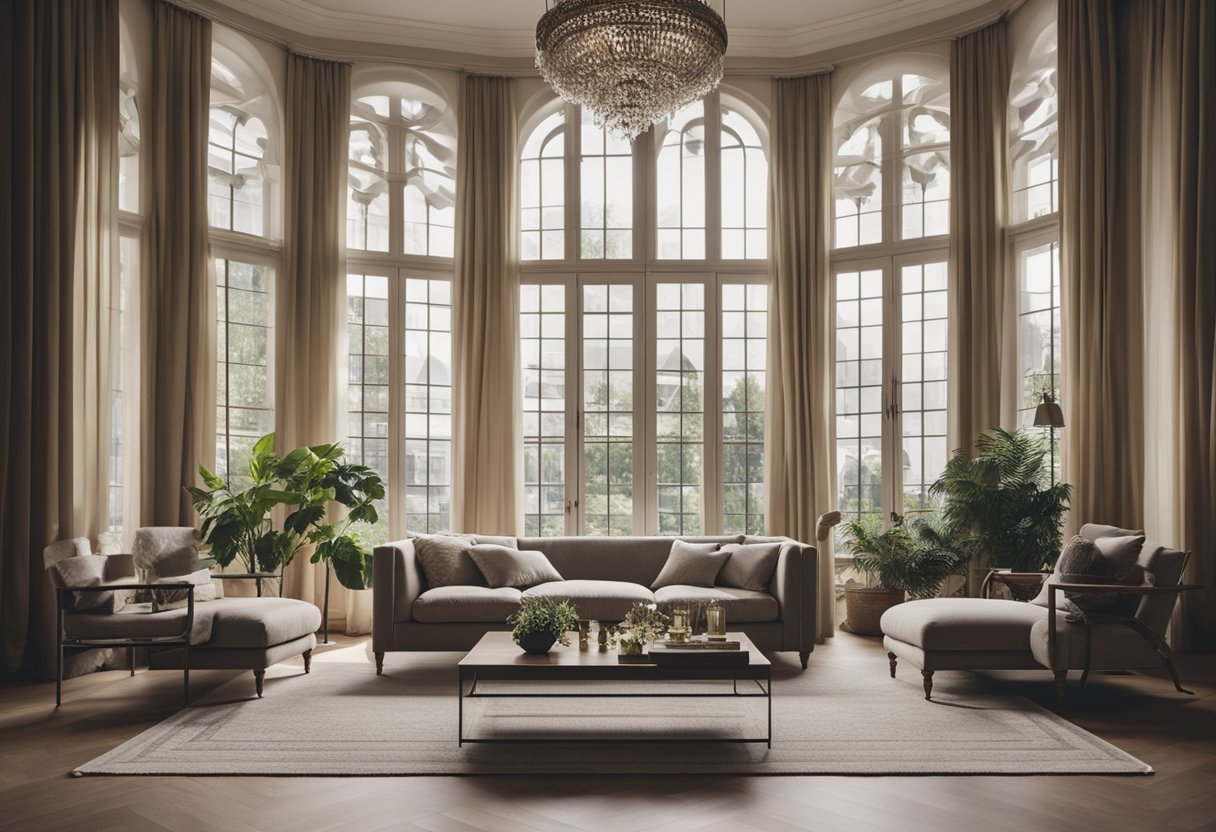 A spacious living room with tall French windows, adorned with intricate designs and elegant curtains, allowing natural light to illuminate the room