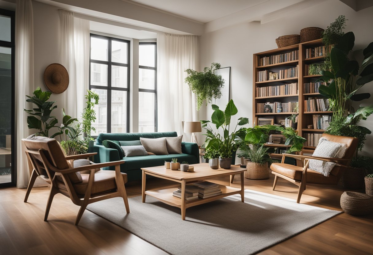 A cozy living room with warm wood furniture, natural lighting, and green plants. A bookshelf filled with design books and a comfortable seating area