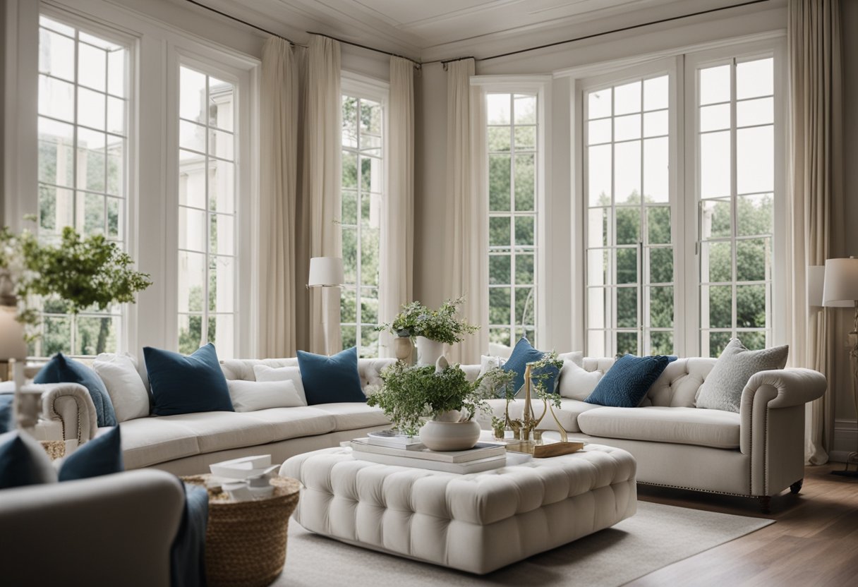 The living room is bright with natural light streaming through the French windows. The elegant design features tall, narrow panes of glass framed by white, ornate trim