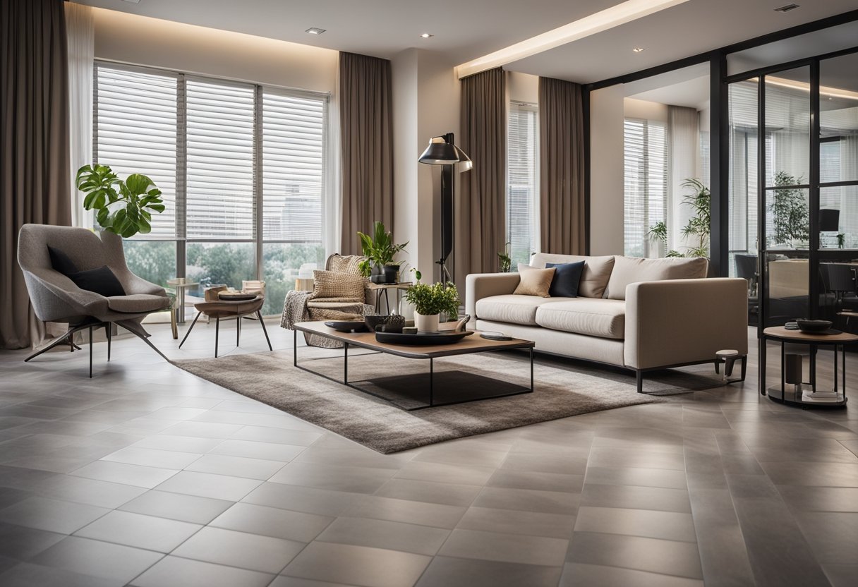 A living room with a bedroom floor tiles design