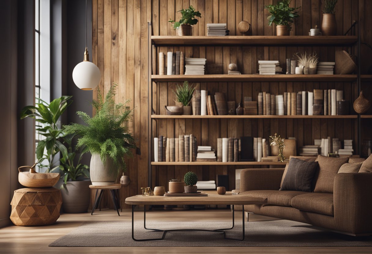 A cozy, rustic living room with a wooden accent wall, vintage furniture, and earthy tones. A bookshelf filled with design books and plants adds a touch of warmth