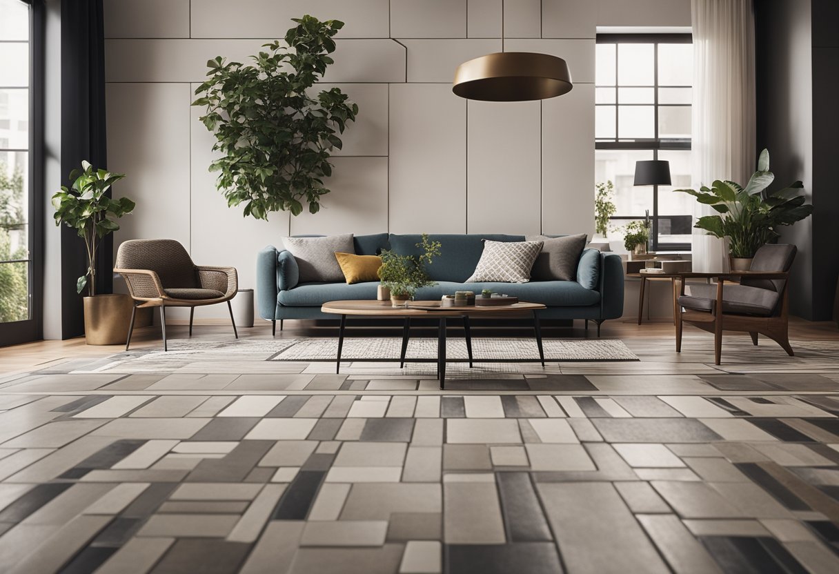 A cozy living room with a mix of different tile materials and textures, creating a visually interesting and inviting floor design