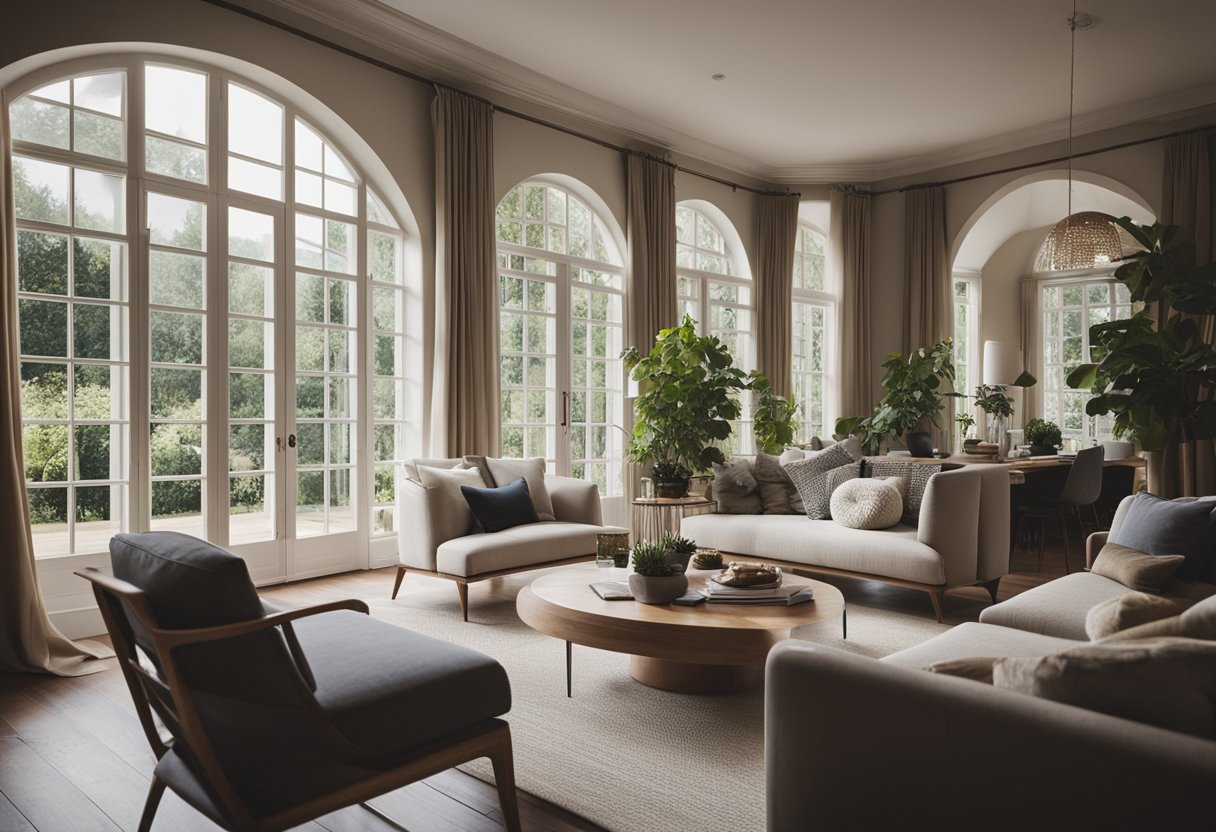 A cozy living room with elegant French windows, allowing natural light to fill the space and offering a view of the outside landscape