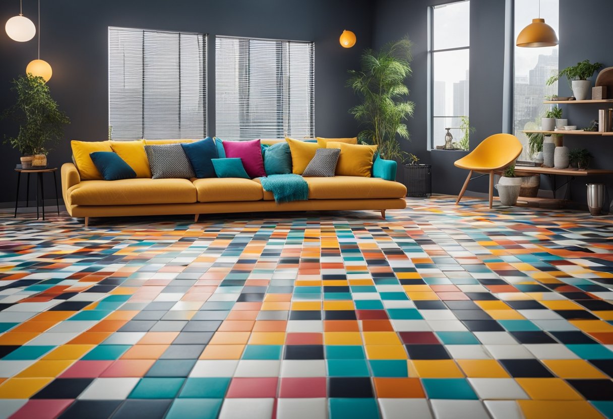 A living room with large, colorful floor tiles in various patterns and sizes, creating a vibrant and dynamic design