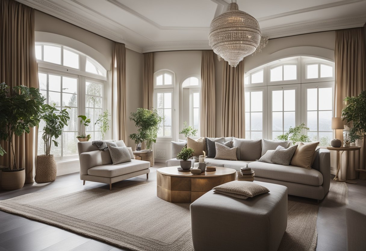 A cozy living room with a large French window, allowing natural light to fill the space. The window is adorned with elegant, decorative designs, adding a touch of sophistication to the room