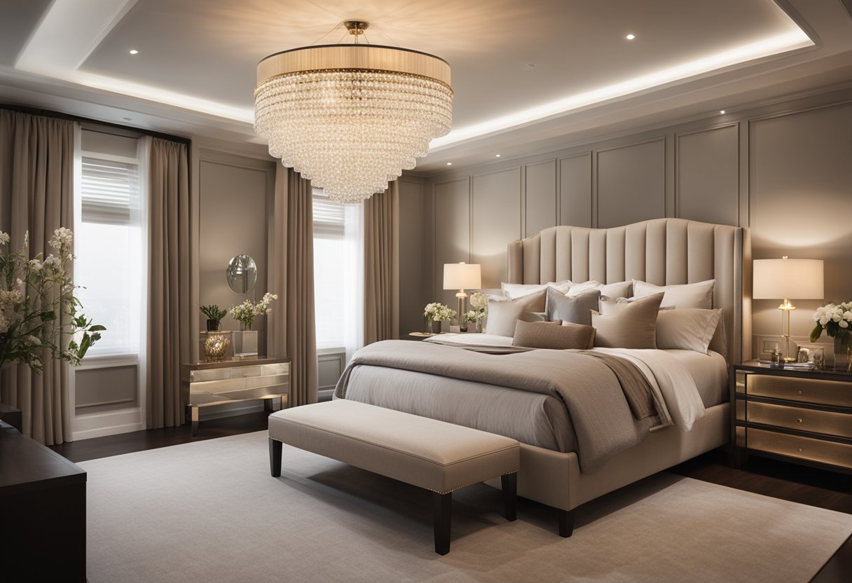 A modern classic bedroom with elegant furniture, neutral color palette, and luxurious textiles. A statement chandelier hangs from the ceiling, casting a warm glow over the room