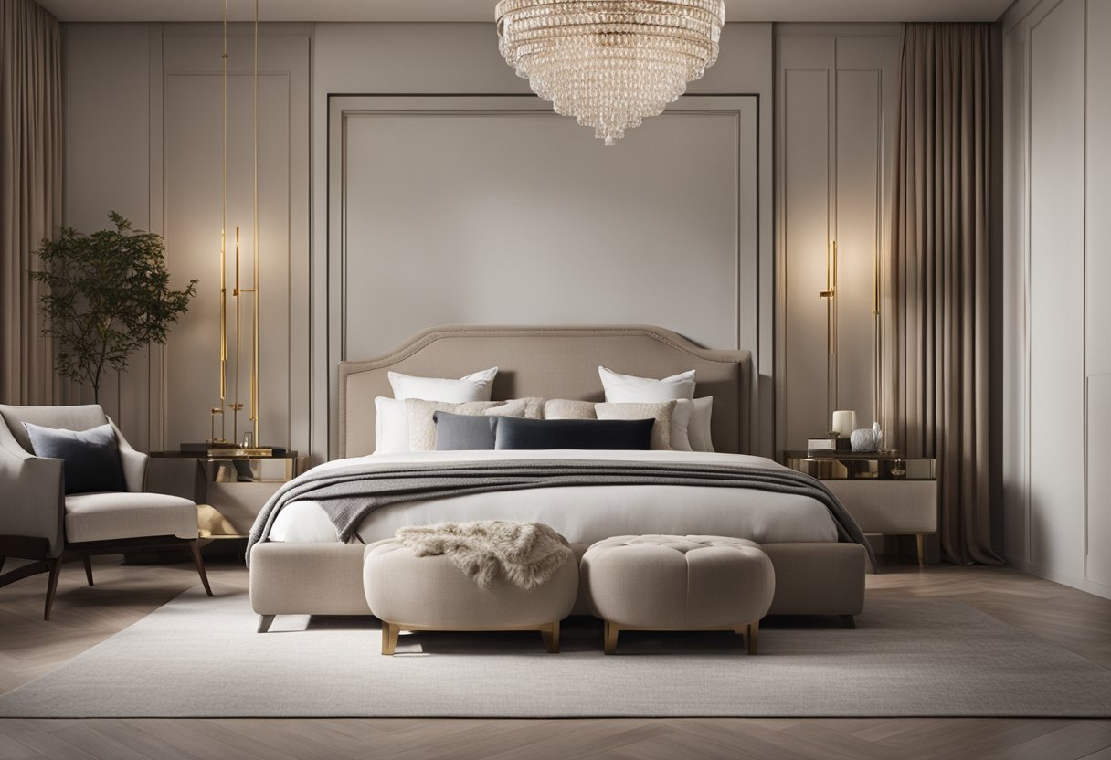 A spacious bedroom with clean lines, neutral colors, and luxurious textures. A statement chandelier hangs above a plush bed, while sleek furniture and minimal decor create a sophisticated and timeless atmosphere
