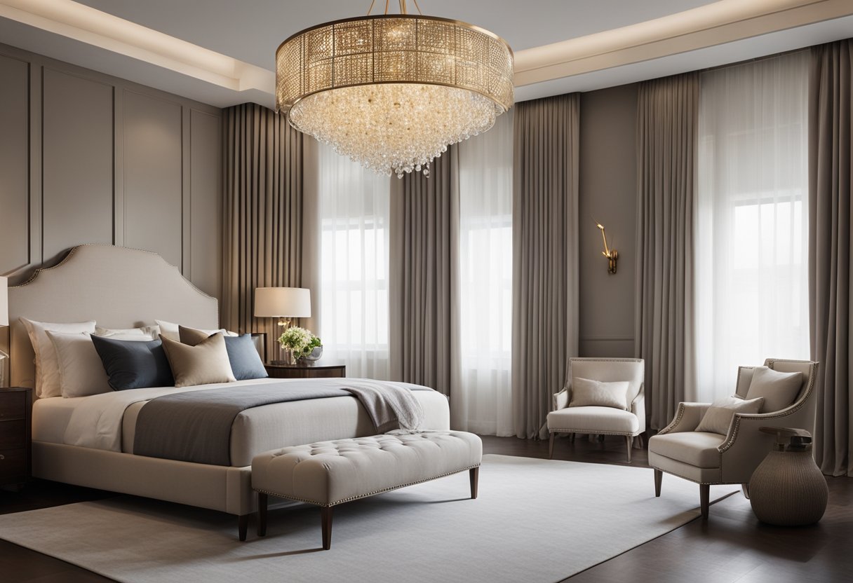 A spacious bedroom with elegant furniture, neutral color palette, and luxurious textiles. A statement chandelier hangs from the ceiling, and large windows let in natural light