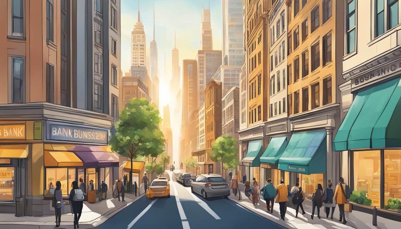 A bustling city street with a row of modern bank buildings, each displaying signs advertising small business loan services. The sun shines down on the scene, showcasing the vibrant energy of the financial district
