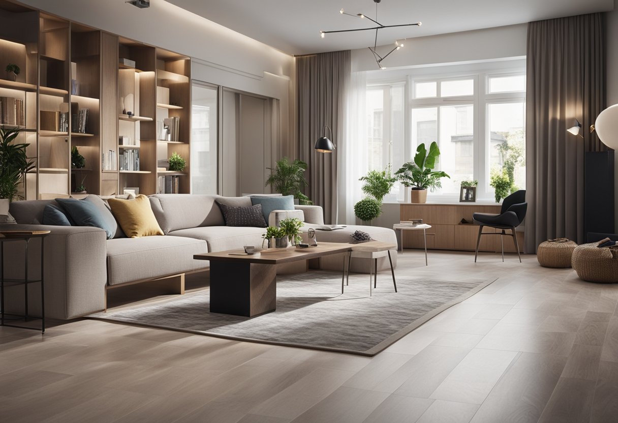 A cozy living room with modern floor tiles, featuring a stylish bedroom area and a space for a home office