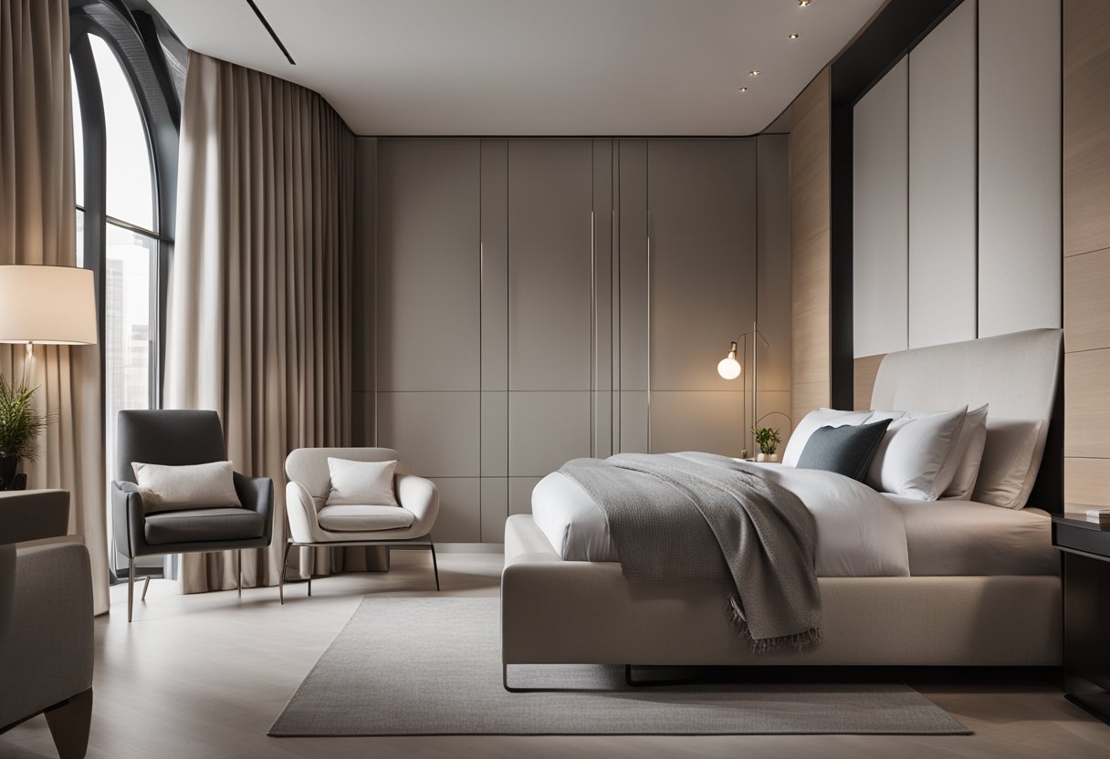 A sleek, minimalist bedroom with clean lines, neutral colors, and modern furniture. A large, plush bed with crisp linens and a statement headboard. A cozy reading nook with a stylish armchair and a soft throw blanket