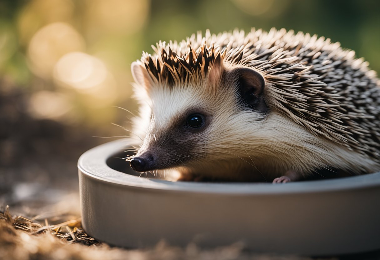 A hedgehog sits in a cozy, well-lit enclosure with a wheel, hiding spot, and water dish