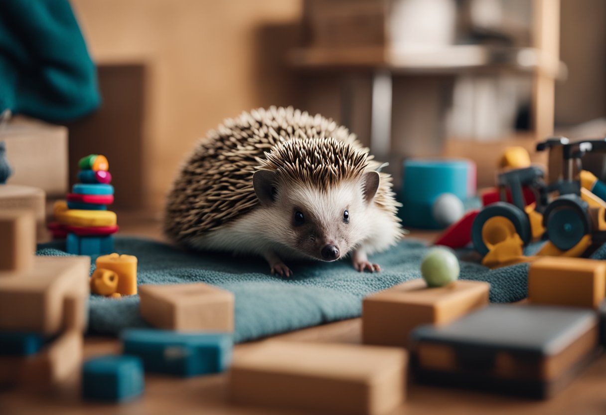A hedgehog sits in a cozy, cluttered living room, surrounded by toys and a comfortable bed. It looks content and curious, with its quills slightly raised