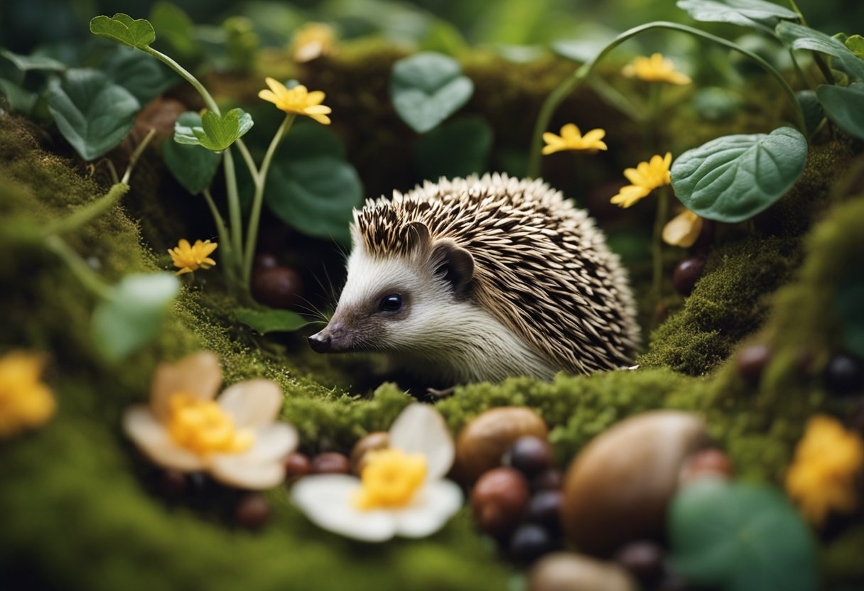 A hedgehog nestled in a cozy, leafy burrow, surrounded by food and water dishes