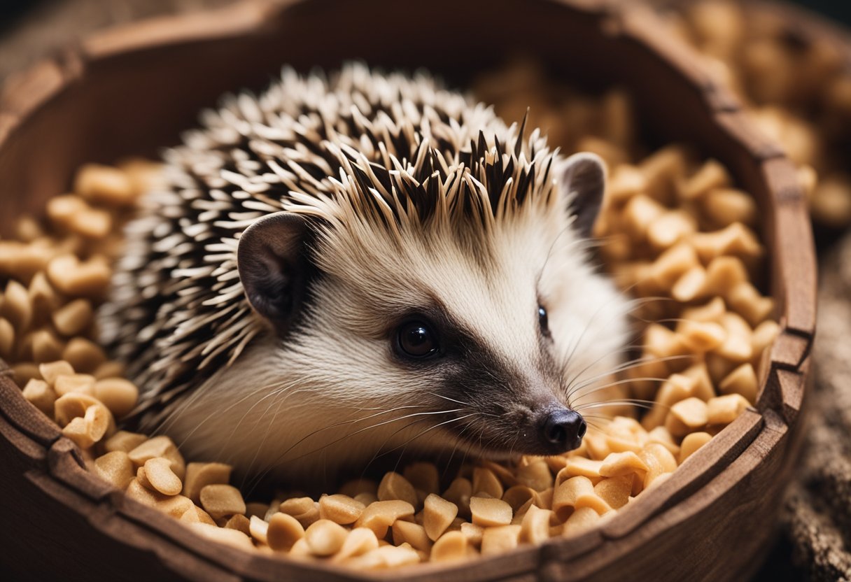 A hedgehog sits in a cozy, wood-shaving-filled enclosure with a small water dish and a pile of dry cat food