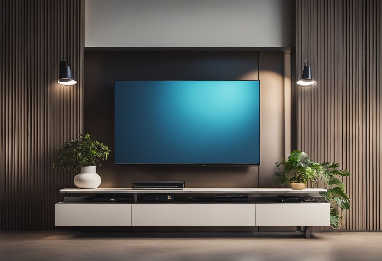 A sleek TV console with a wall-mounted television, surrounded by minimalist decor and integrated lighting