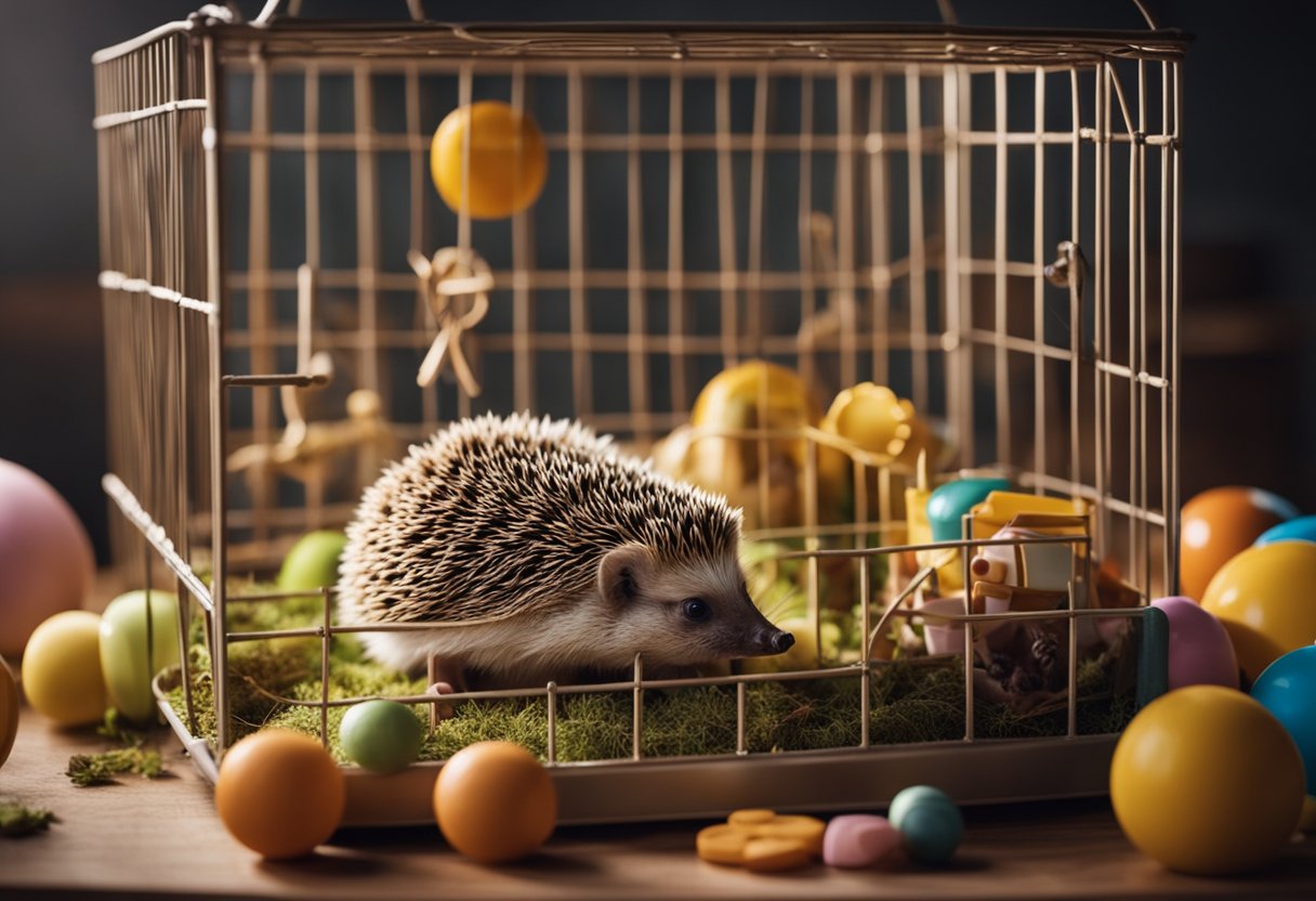 A hedgehog sits in a cozy cage, surrounded by toys and a food bowl. It looks content, with its quills relaxed and eyes bright