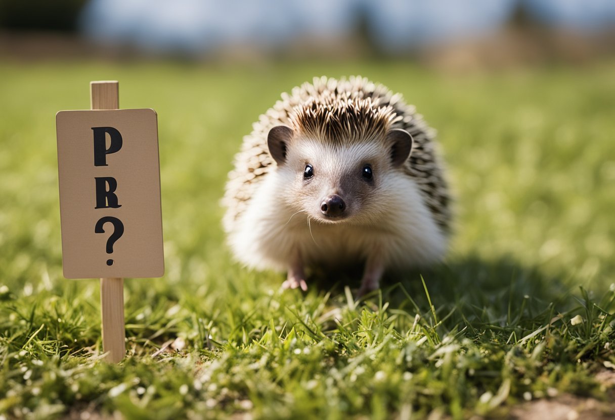 A curious hedgehog stands on its hind legs, surrounded by question marks and a sign that reads "Frequently Asked Questions: Can hedgehogs be pets?"