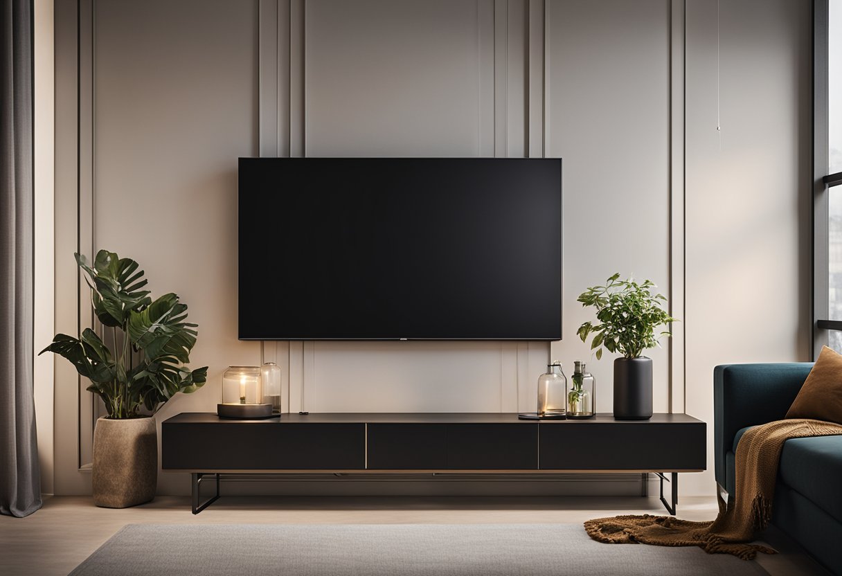 A sleek TV console sits against a feature wall, surrounded by minimalist decor and soft lighting, creating a modern and inviting living space