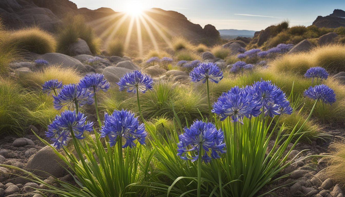 Agapanthus struggling to bloom in rocky soil, surrounded by competing weeds and limited sunlight