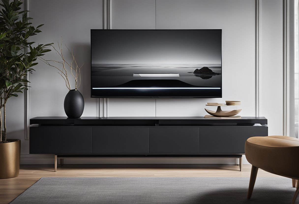 A person stands in front of a sleek, modern TV console, carefully considering its design and functionality. The console features clean lines, ample storage, and a stylish finish, making it the perfect addition to any contemporary living space