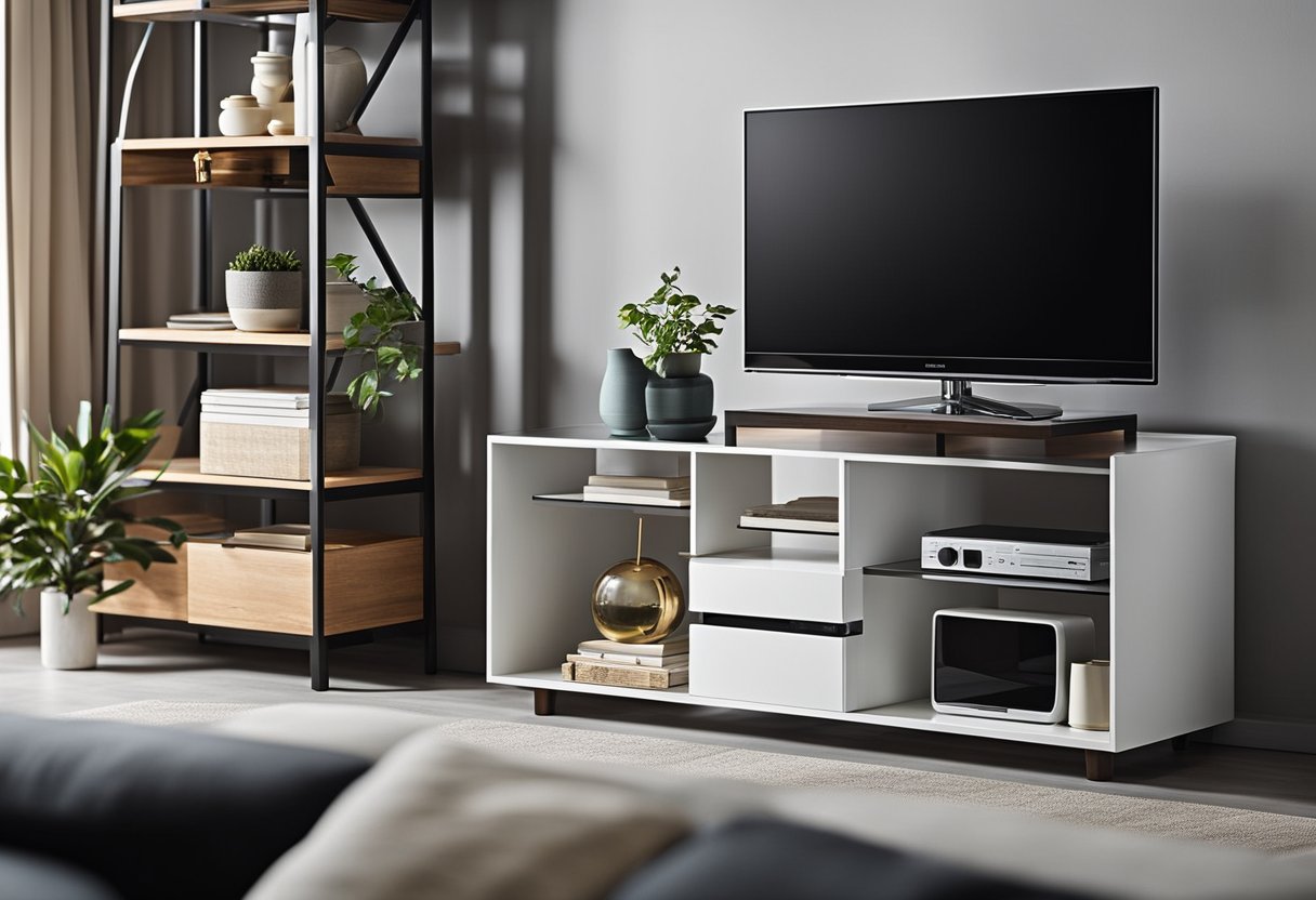 A modern TV console with neatly arranged shelves, displaying various electronic devices and decorative items. A sleek and minimalist design with a pop of color