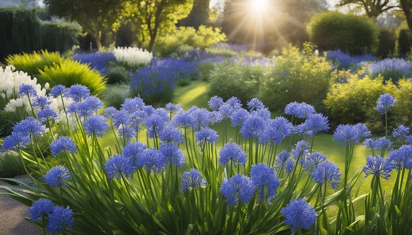 A cluster of agapanthus plants in bloom, surrounded by curious onlookers with questions in a garden setting