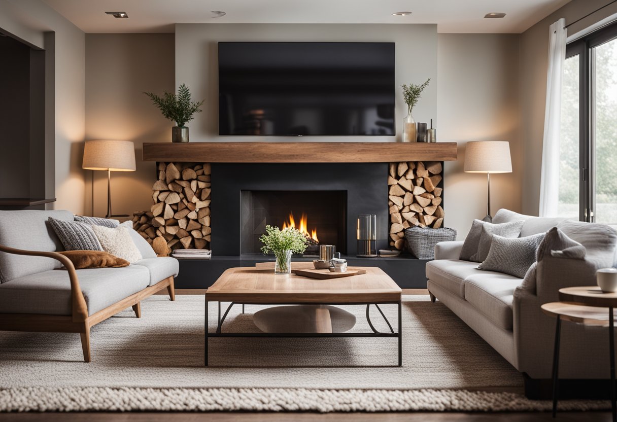 A cozy living room with a large, comfortable sofa, a stylish coffee table, soft area rug, and a warm fireplace. Bright natural light streams in through the windows, illuminating the space
