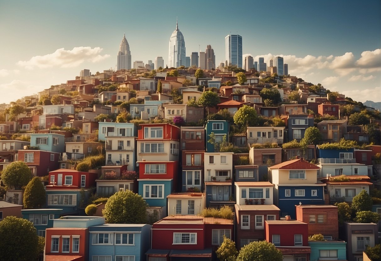 A crowded city skyline with cartoonish, oversized houses stacked on top of each other. People are frantically searching for affordable housing while navigating through a maze of bureaucratic red tape