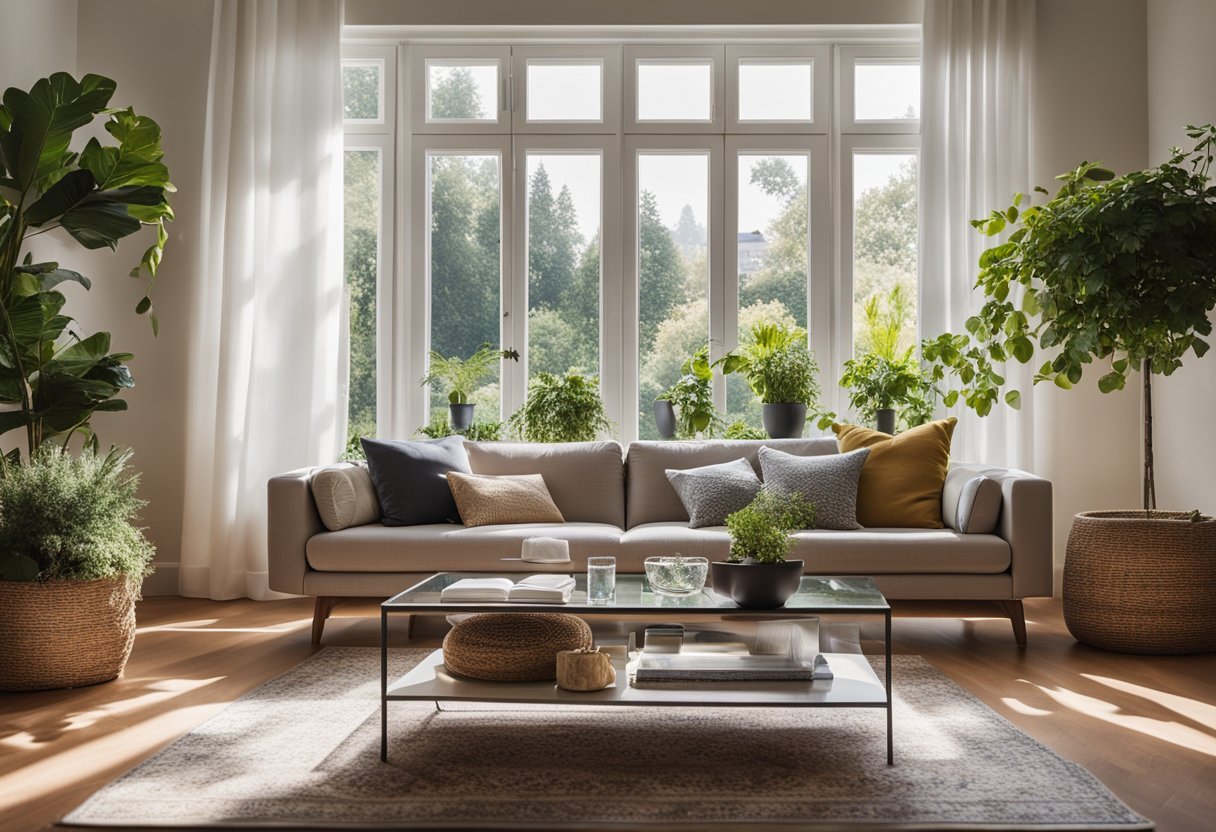 A cozy living room with a modern sofa, coffee table, and large windows overlooking a garden. A rug and potted plants add warmth to the space
