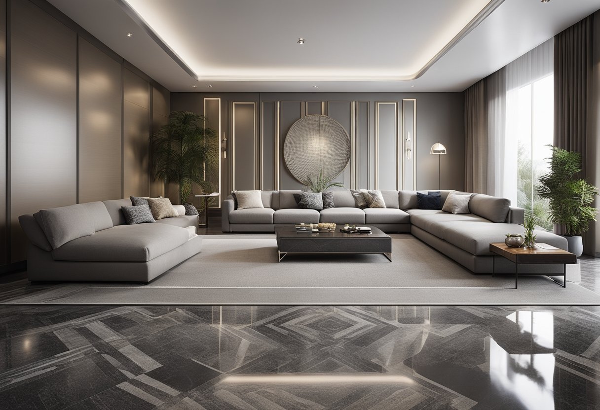 A spacious living room with elegant granite flooring designs, featuring intricate patterns and a polished finish