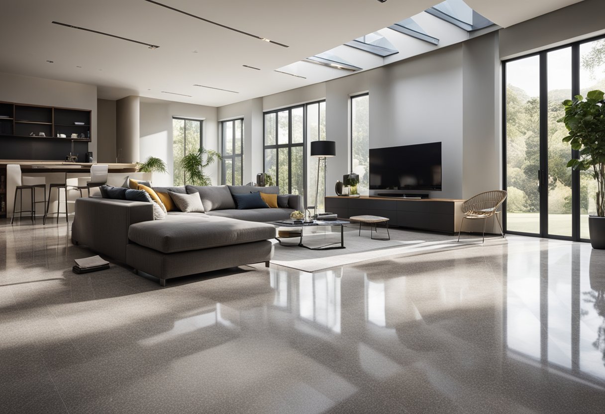 A spacious living room with sleek granite flooring, featuring a variety of modern and traditional designs, with ample natural light streaming in through large windows