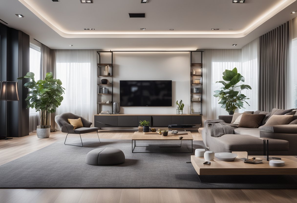 A sleek, modern living room with interactive design tools and cutting-edge technology for user experience