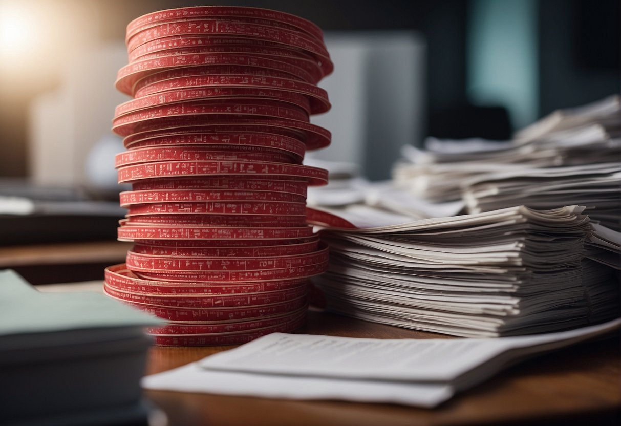 A maze of tangled red tape constricts around a towering stack of paperwork, symbolizing the complexity and restrictions of current welfare benefits