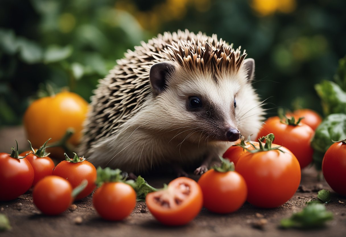 A hedgehog munches on a ripe tomato, its tiny paws holding the fruit as it takes a bite