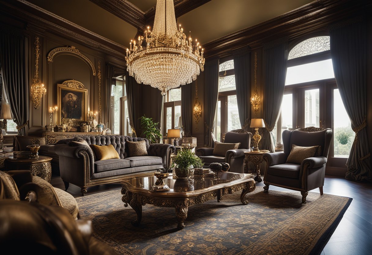 A modern Victorian living space with ornate furniture, rich colors, and intricate patterns. A grand chandelier hangs from the ceiling, casting a warm glow over the room. Tall windows with flowing drapes let in natural light, highlighting the elegant details of