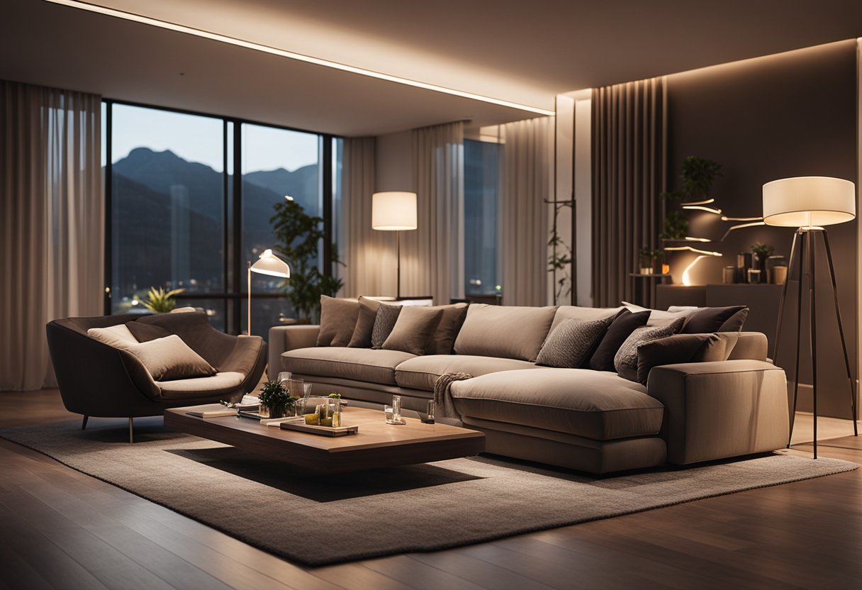 The living room is illuminated by warm, recessed lighting, casting a soft glow on the modern furniture and accentuating the textures of the decor