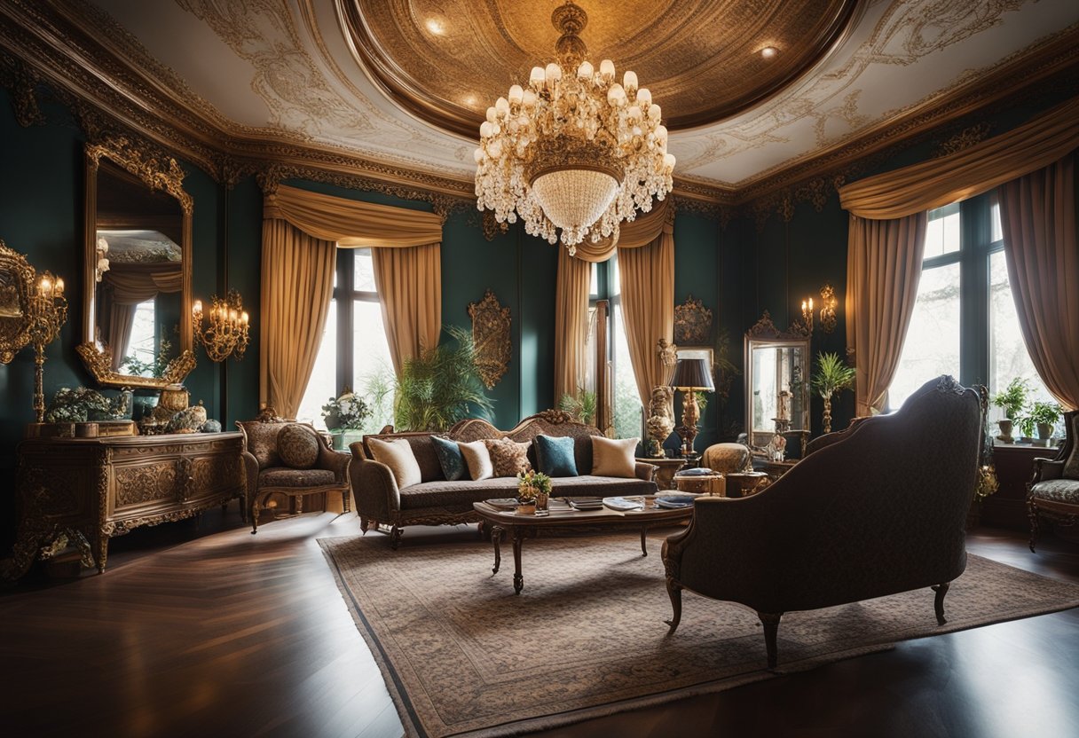 A cozy Victorian interior with ornate furniture, floral wallpaper, and a grand chandelier. Rich colors and intricate patterns create a luxurious atmosphere