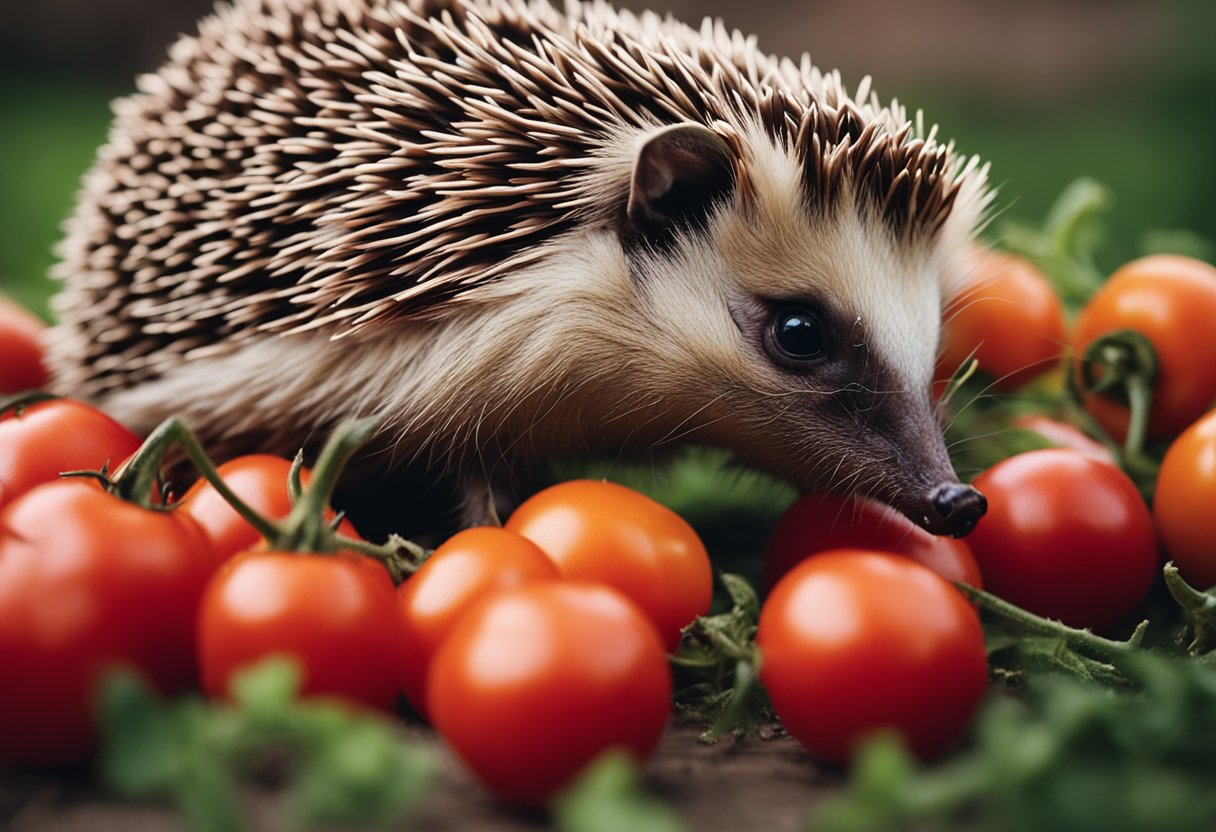 A hedgehog sits near a pile of tomatoes, sniffing and nibbling on one