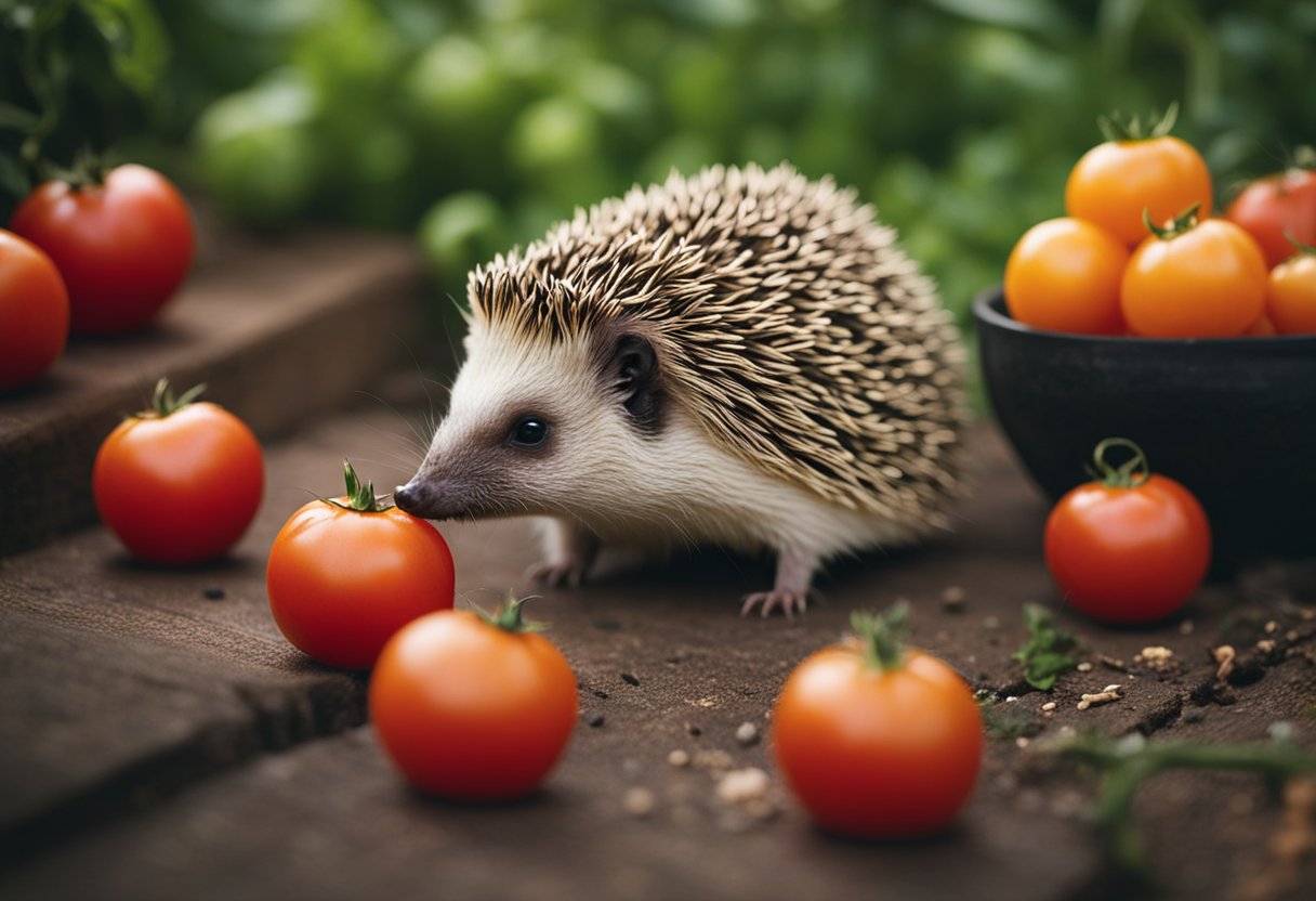 Tomatoes and hedgehogs. A hedgehog sniffs a tomato