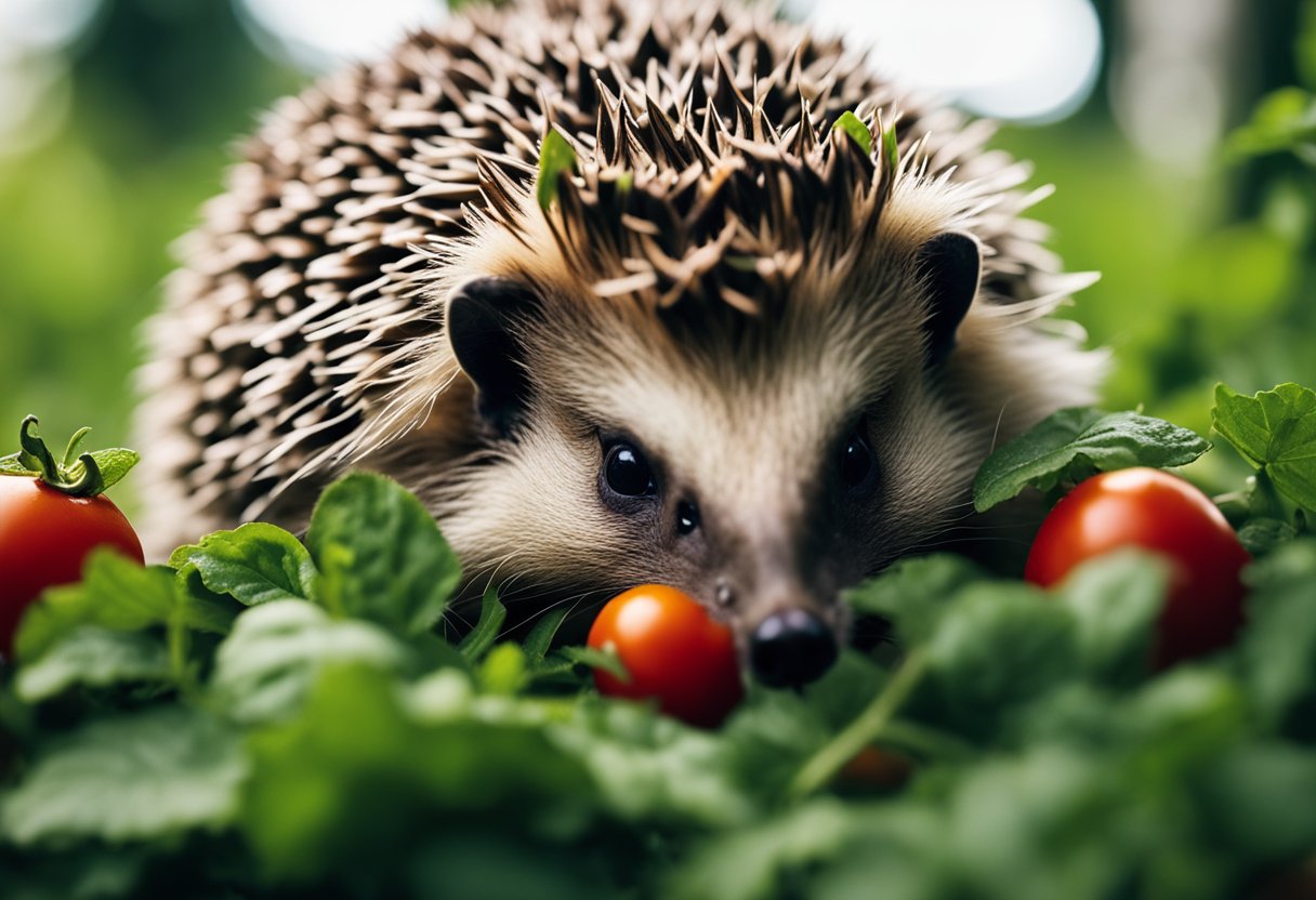 A hedgehog munches on a juicy red tomato, surrounded by green foliage