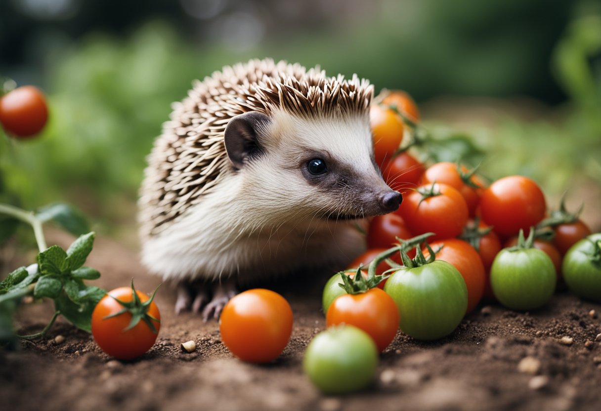 A hedgehog examines a pile of tomatoes, sniffing and nibbling cautiously