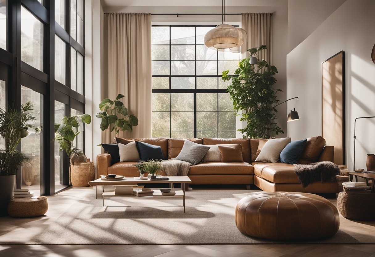 A cozy living room with modern furniture, warm earthy tones, and plenty of natural light streaming in through large windows