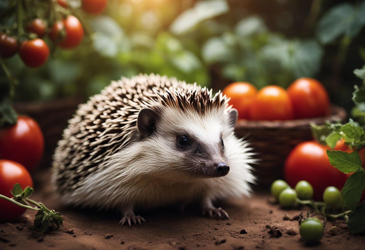 A hedgehog sits in a cozy den, surrounded by ripe tomatoes. It looks curiously at the bright red fruit, wondering if it's safe to eat
